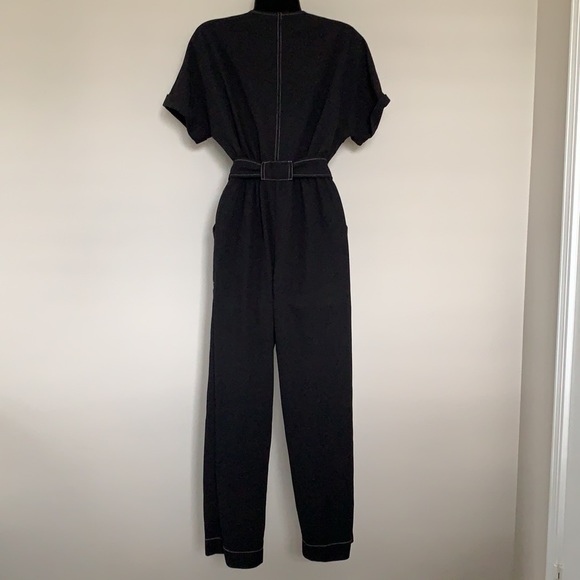 Lush Black Contrast Stitch Button Front Short Sleeve Tie Waist Jumpsuit - Picture 9 of 12